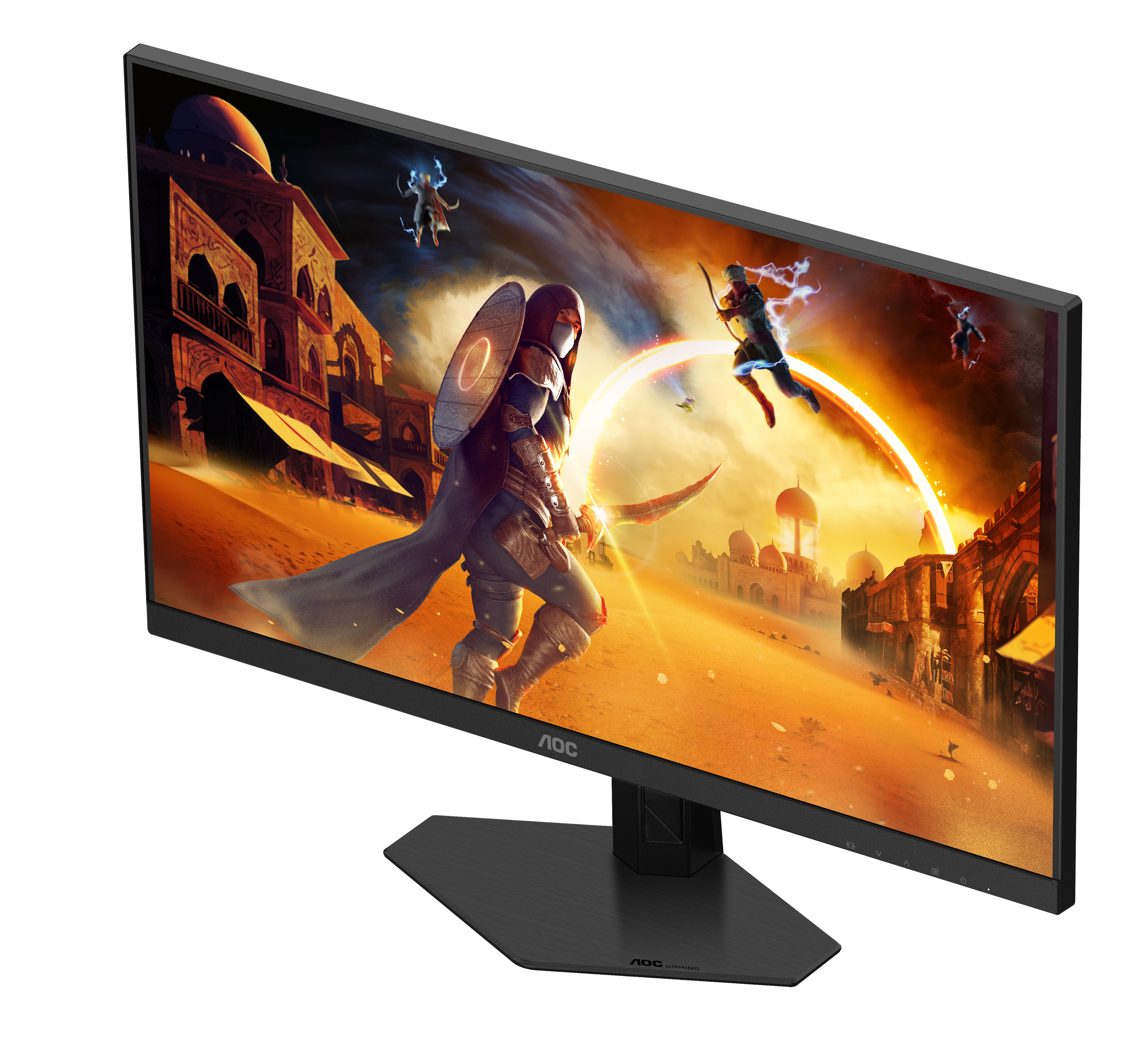 Az AOC monitor egy fantasy jelenetet jelenít meg harcosokkal és épületekkel. A monitor fekete alappal és kerettel rendelkezik.