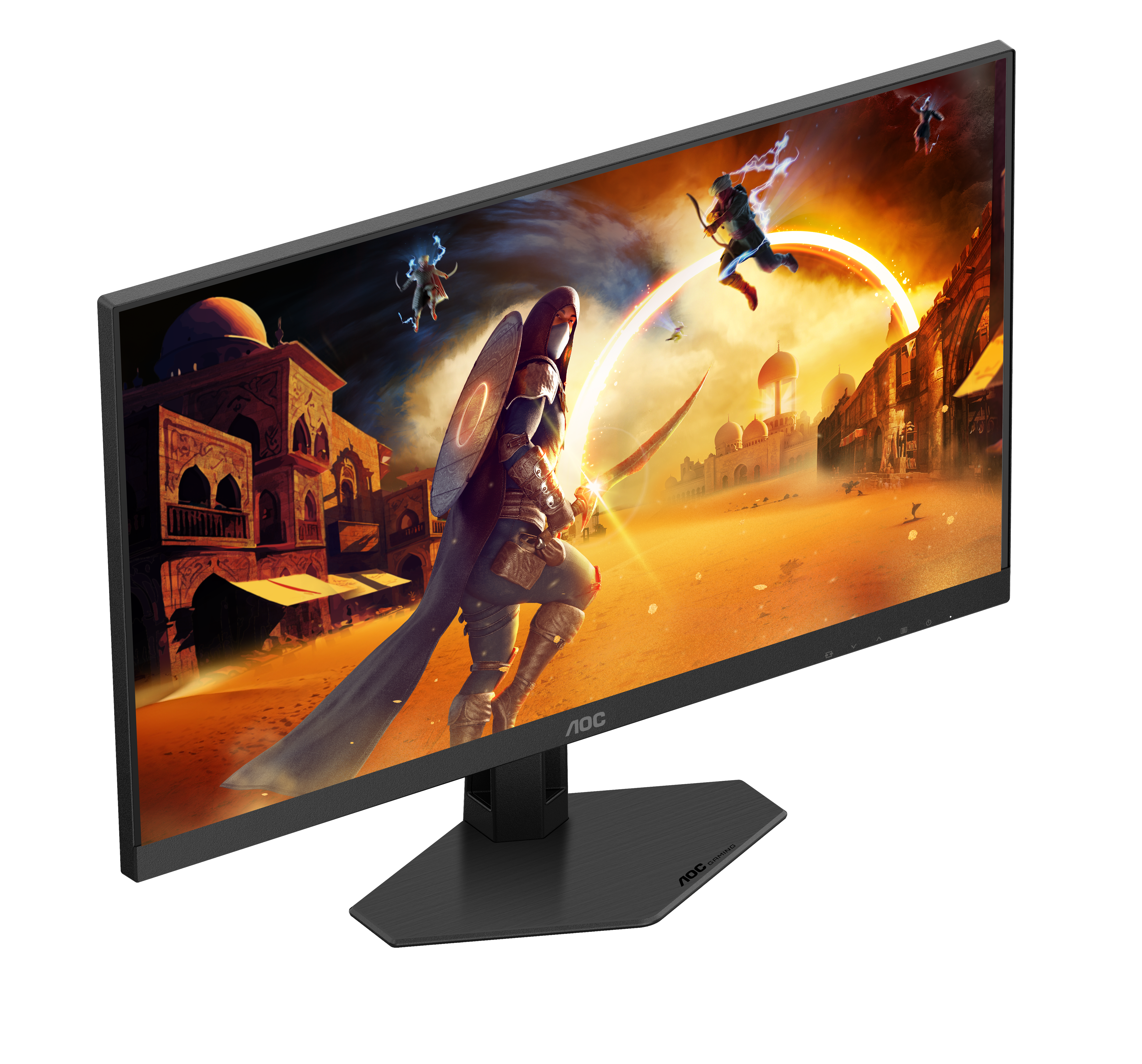 Az AOC gamer monitor egy fantasy jelenetet jelenít meg, egy ragyogó kardot tartó harcossal. Épületek, íjászok és sivatagi táj látható.