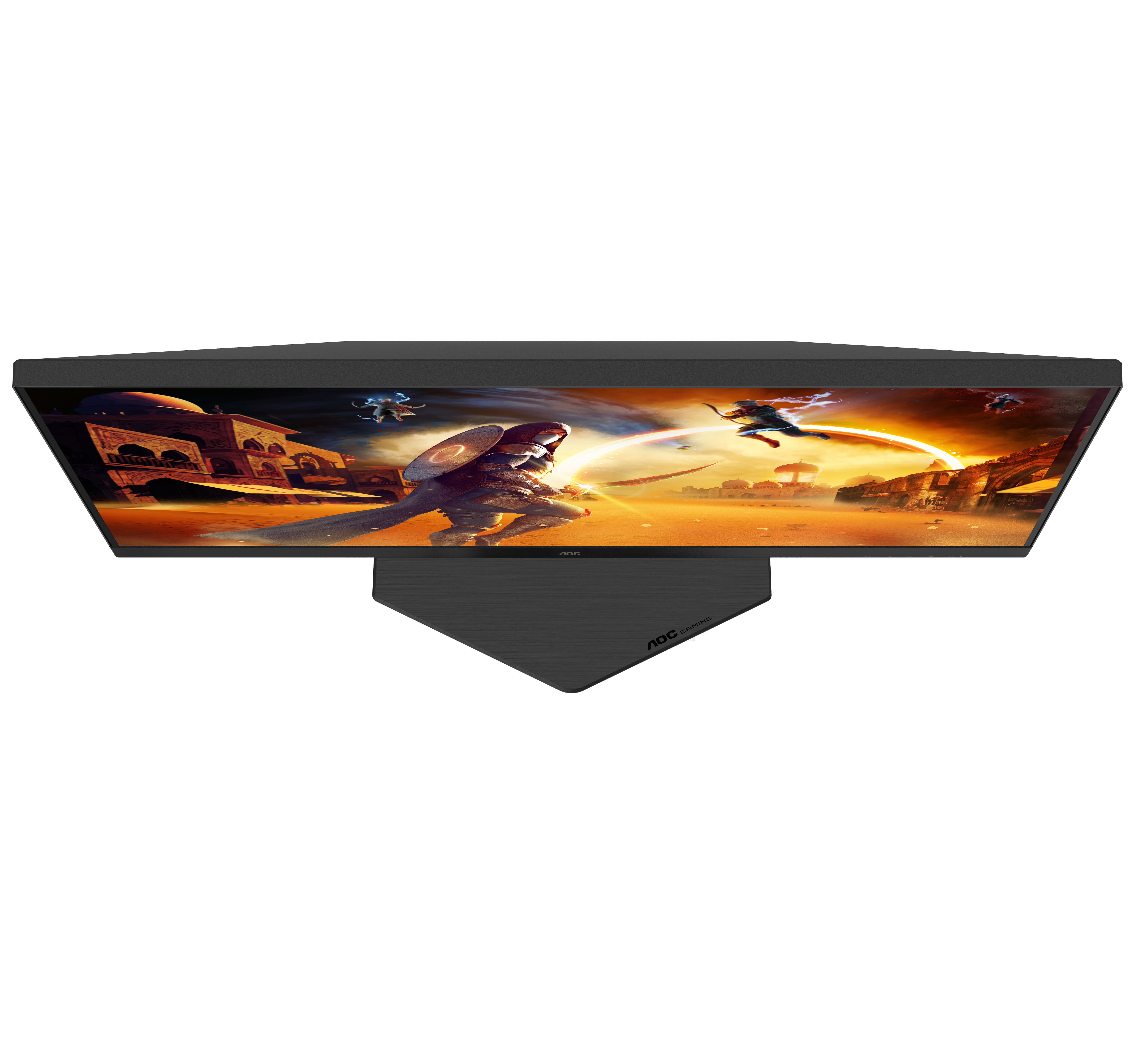 Az AOC gaming monitor egy fantasy jelenetet jelenít meg, harcosokkal akcióban, sivatagi környezetben.