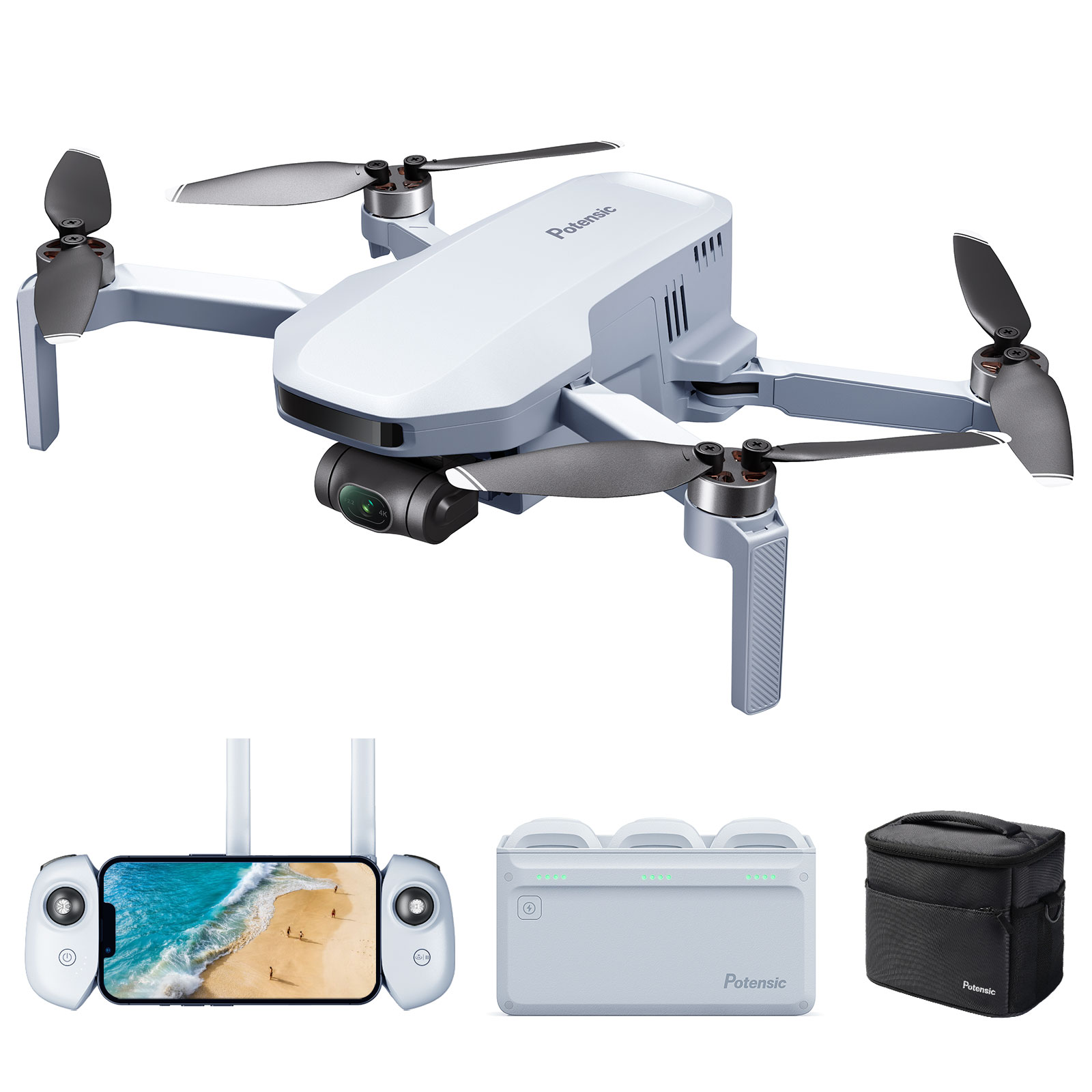 Un dron blanco con hélices negras, un controlador con una escena de playa, una estación de carga y una bolsa de transporte negra.