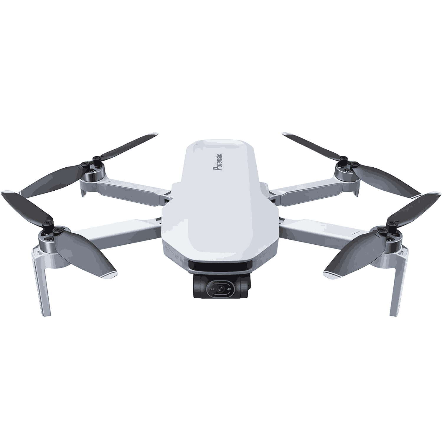 Un dron blanco con hélices negras centrado sobre un fondo negro. El dron tiene una cámara frontal y el nombre de la marca Potensic.