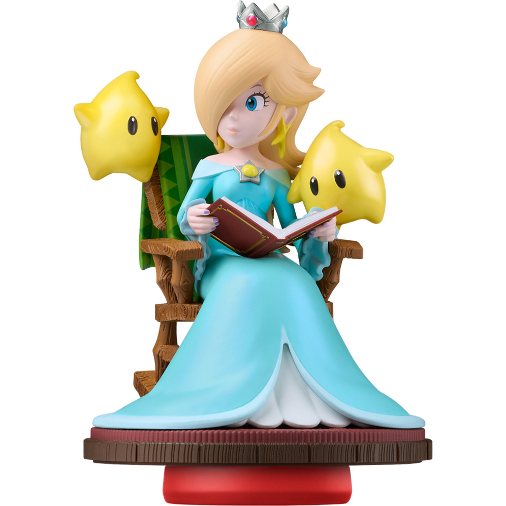 Figura de Rosalina leyendo un libro, con dos Lumas amarillos en forma de estrella. Lleva un vestido azul y una corona plateada.
