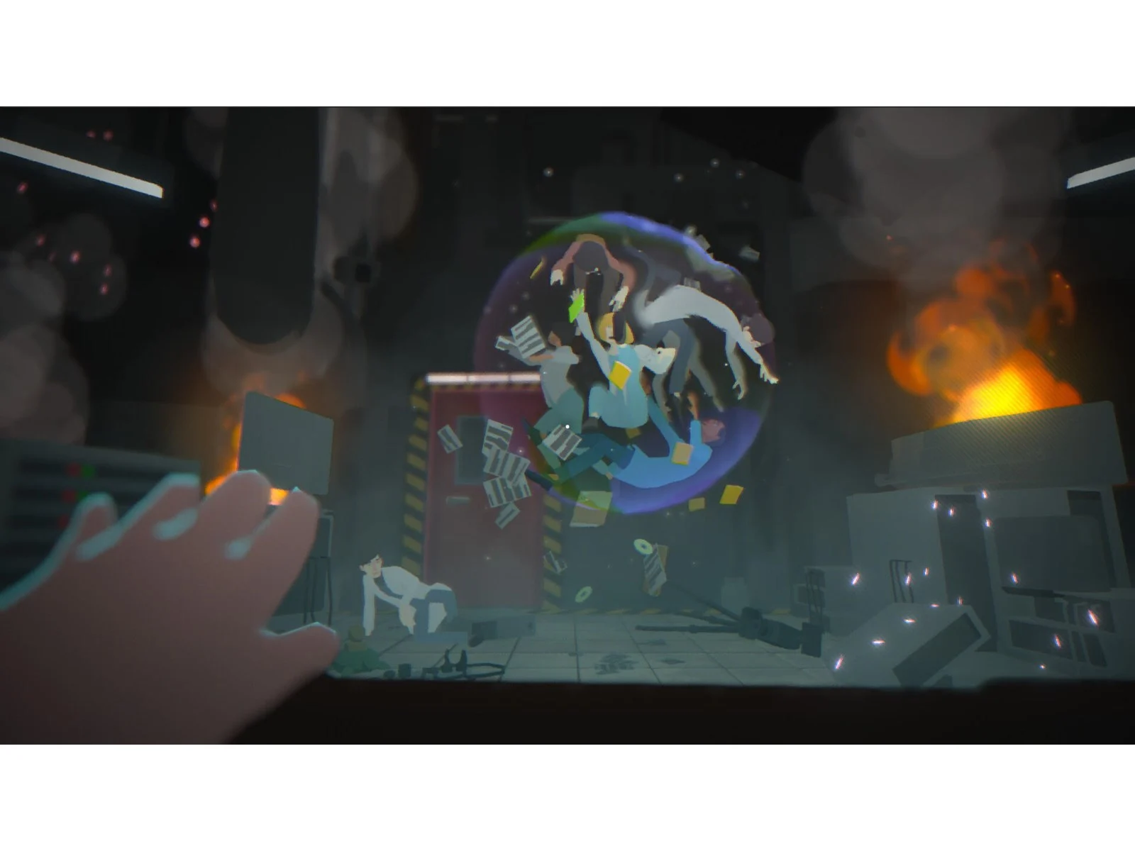 Una mano se extiende hacia una escena de caos. Figuras flotan en una burbuja en medio de escombros, fuego y un entorno industrial dañado.