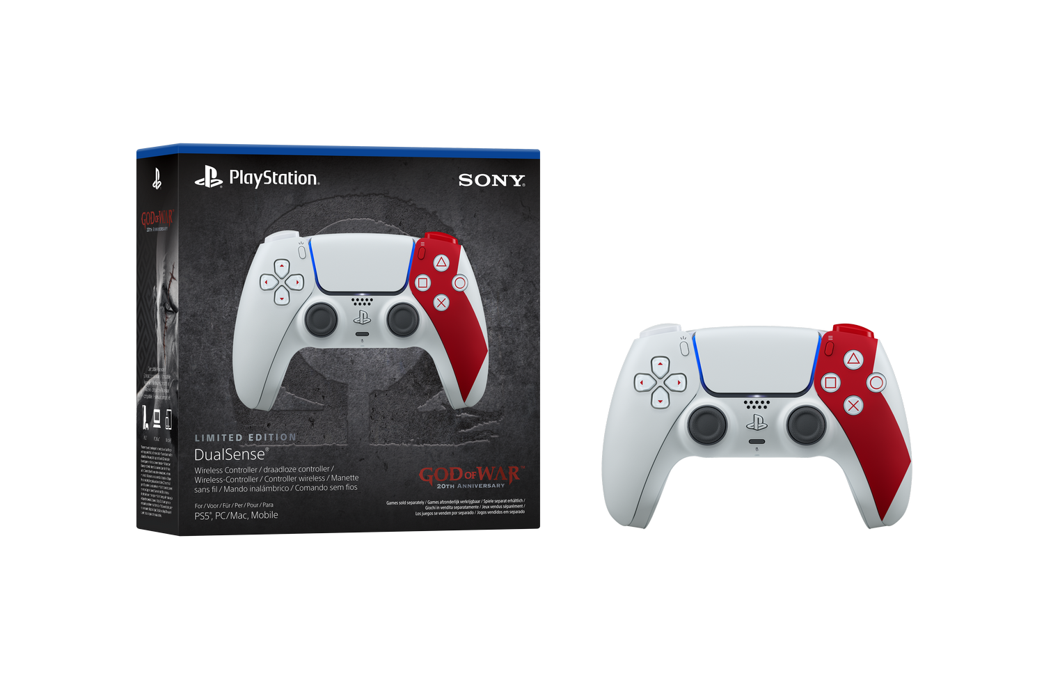 La imagen muestra un controlador DualSense de PlayStation blanco y rojo y una caja. La caja tiene el logotipo de PlayStation.
