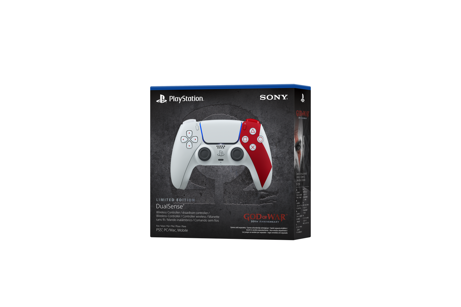 Una caja de mando DualSense de PlayStation blanca y roja. La caja tiene el logo de God of War. El mando también es blanco y rojo.