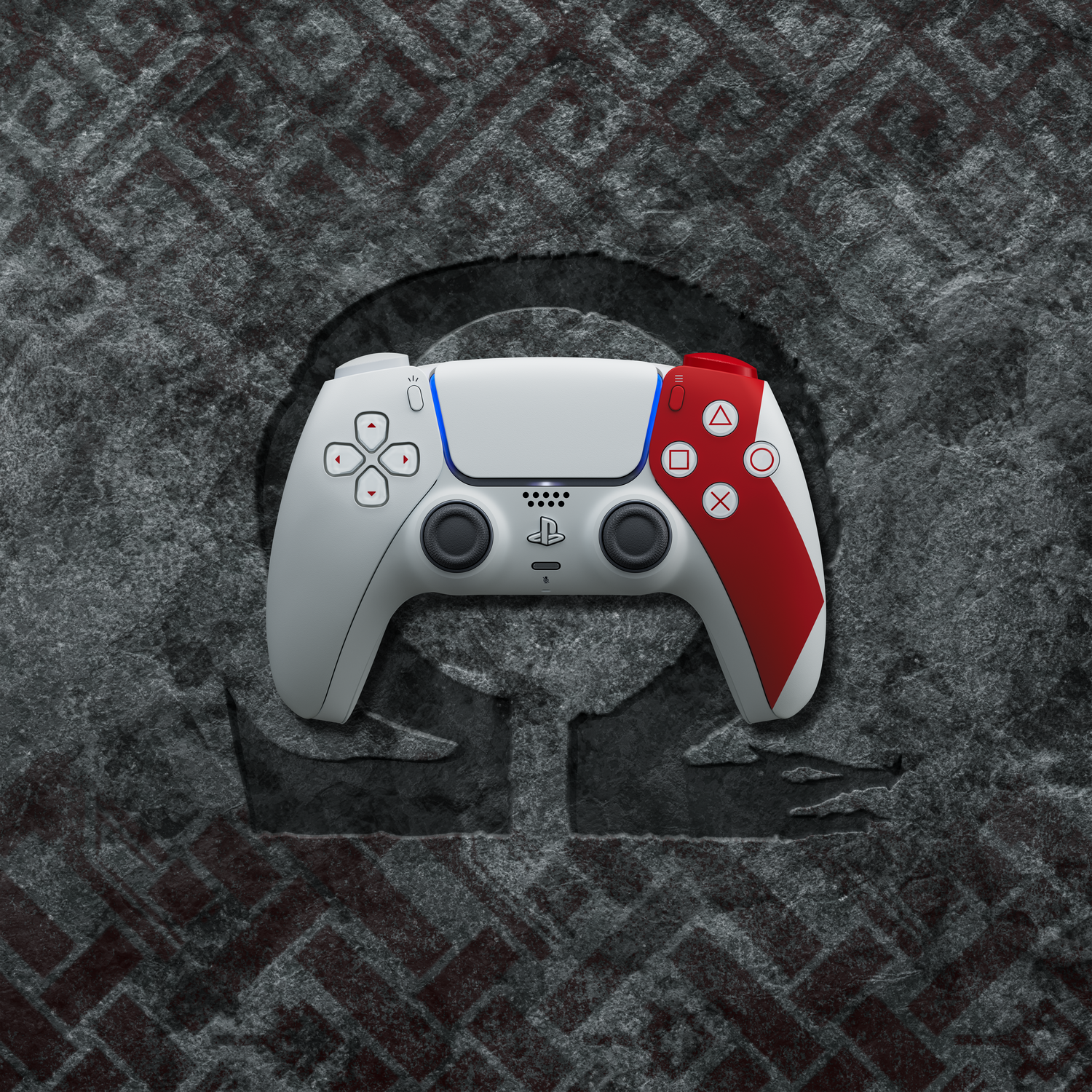 Un mando de PlayStation 5 blanco y rojo sobre una superficie gris texturizada. El mando está centrado con el logo de PlayStation.