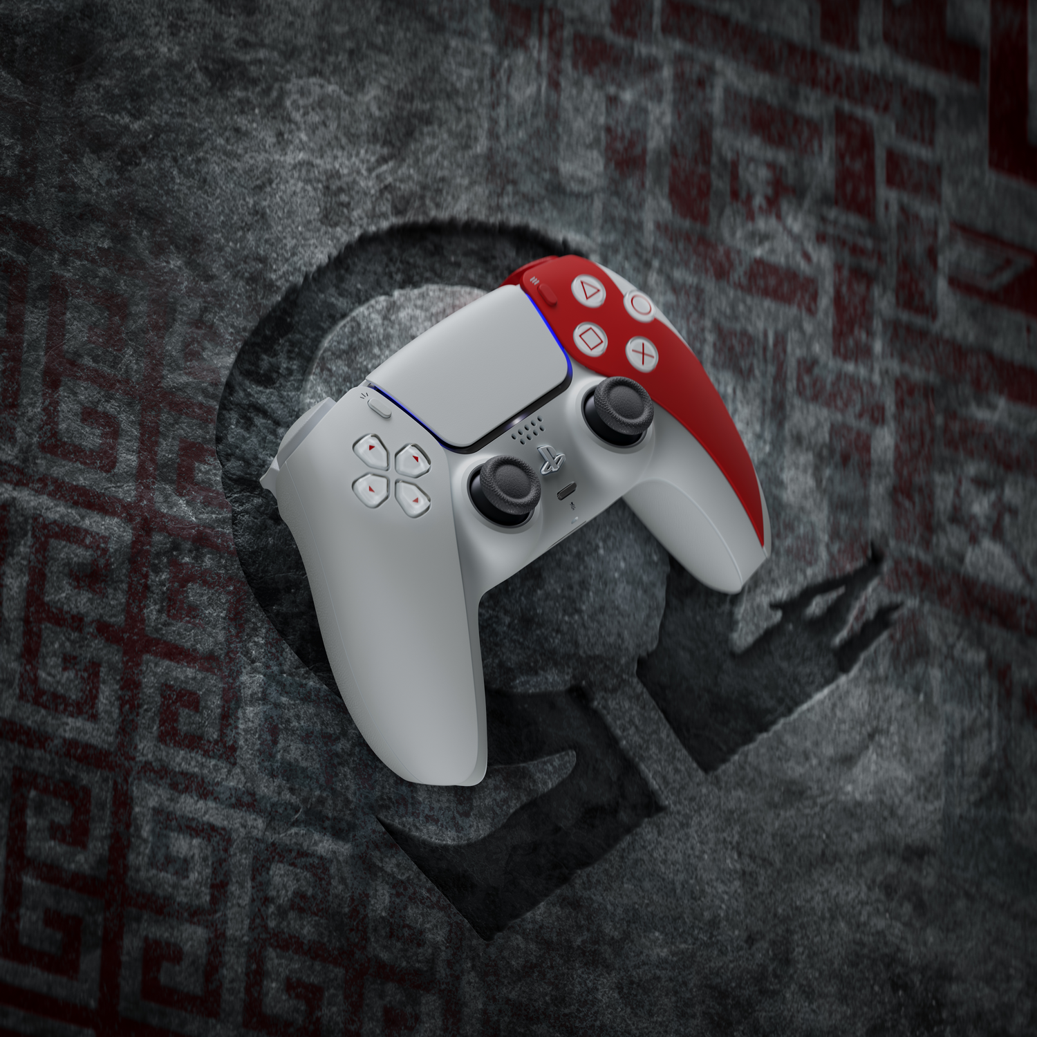 Un mando blanco y rojo de PlayStation 5 descansa sobre una superficie gris texturizada con la sombra del logo de PlayStation.