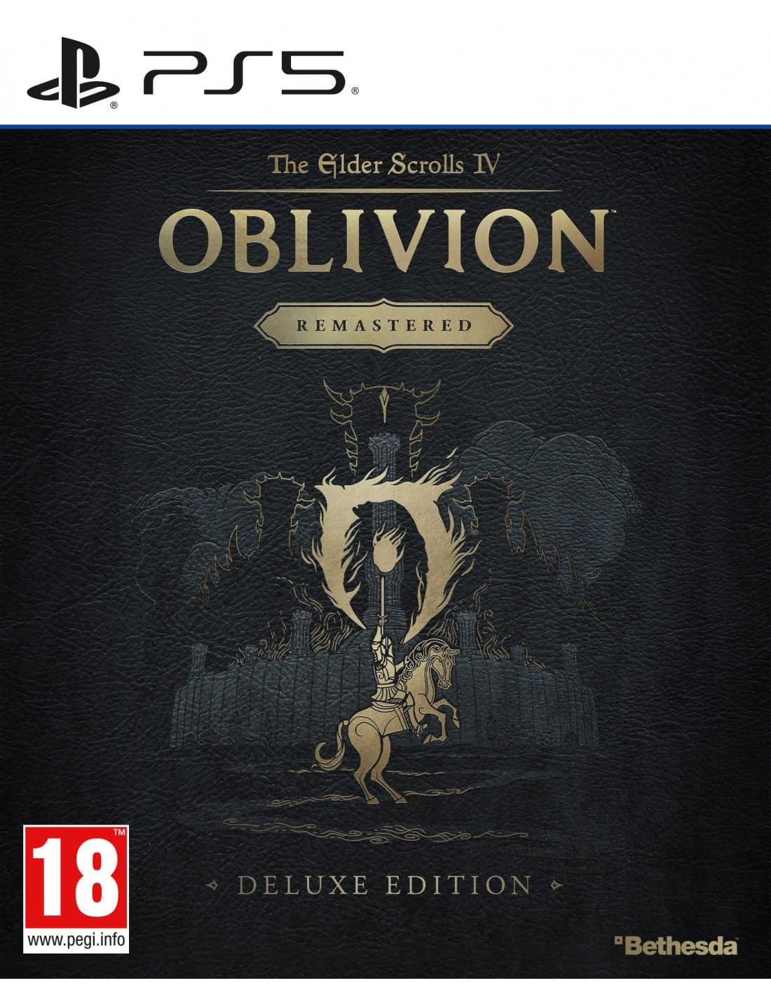 Portada del juego 'The Elder Scrolls IV: Oblivion Remastered' en PS5. Presenta texto dorado y un caballero a caballo, con fondo oscuro.