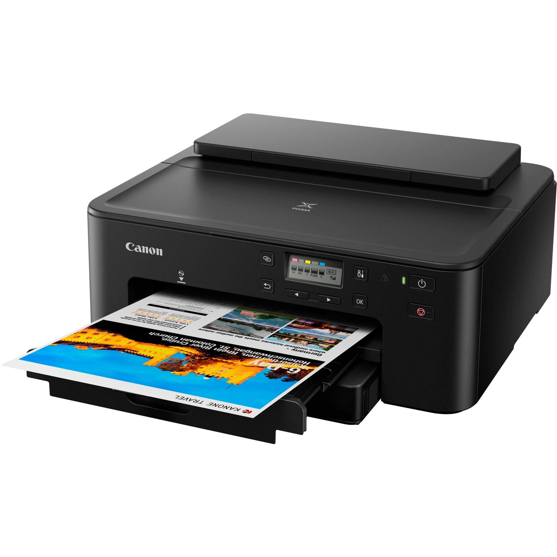 Una impresora Canon Pixma negra con un documento impreso en la bandeja, que muestra imágenes coloridas.