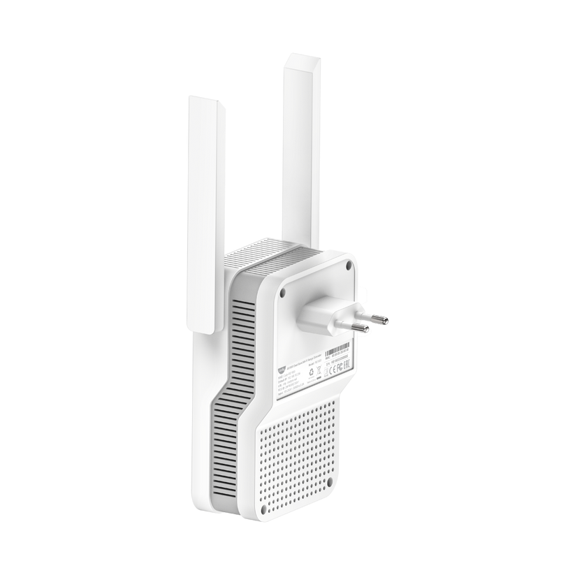 Fehér WiFi hatótávolság-kiterjesztő két antennával és dugóval. Szellőzőnyílások és termékinformációk találhatók a hátoldalon.