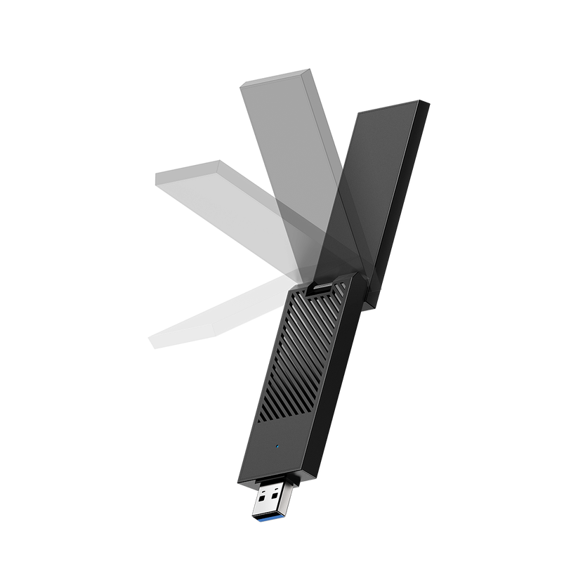 Fekete USB Wi-Fi adapter csuklós antennákkal. A készülék USB csatlakozóval és antenna sorral rendelkezik fekete háttéren.