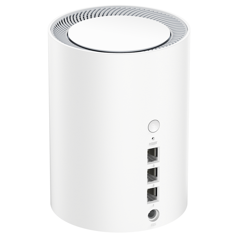 Fehér hengeres router, felső szellőzővel, portokkal és reset gombbal.