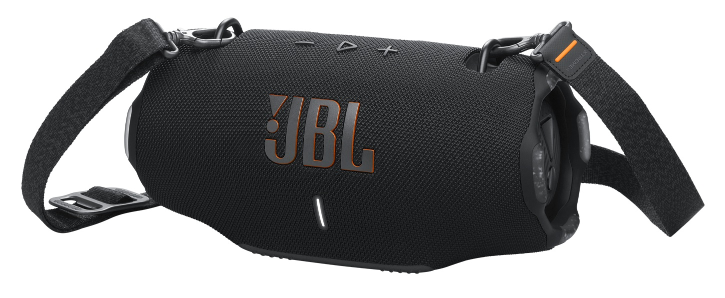 Czarny głośnik JBL Xtreme 4 z czarnym paskiem. Logo JBL jest pomarańczowe. Głośnik ma teksturowaną powierzchnię.