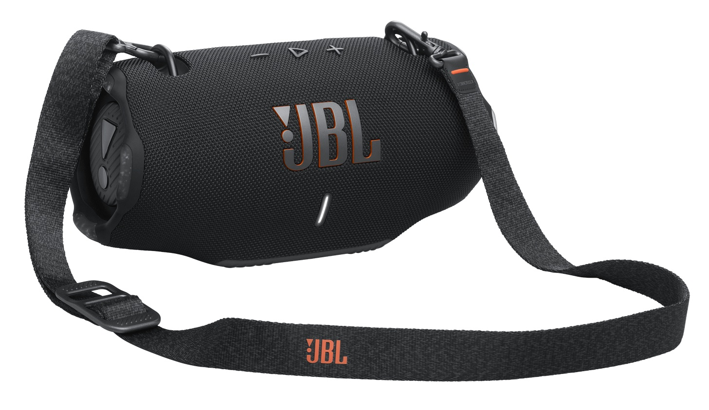 Czarny głośnik JBL z paskiem. Głośnik ma logo JBL, przyciski i światło. Pasek jest czarny i przymocowany do głośnika.