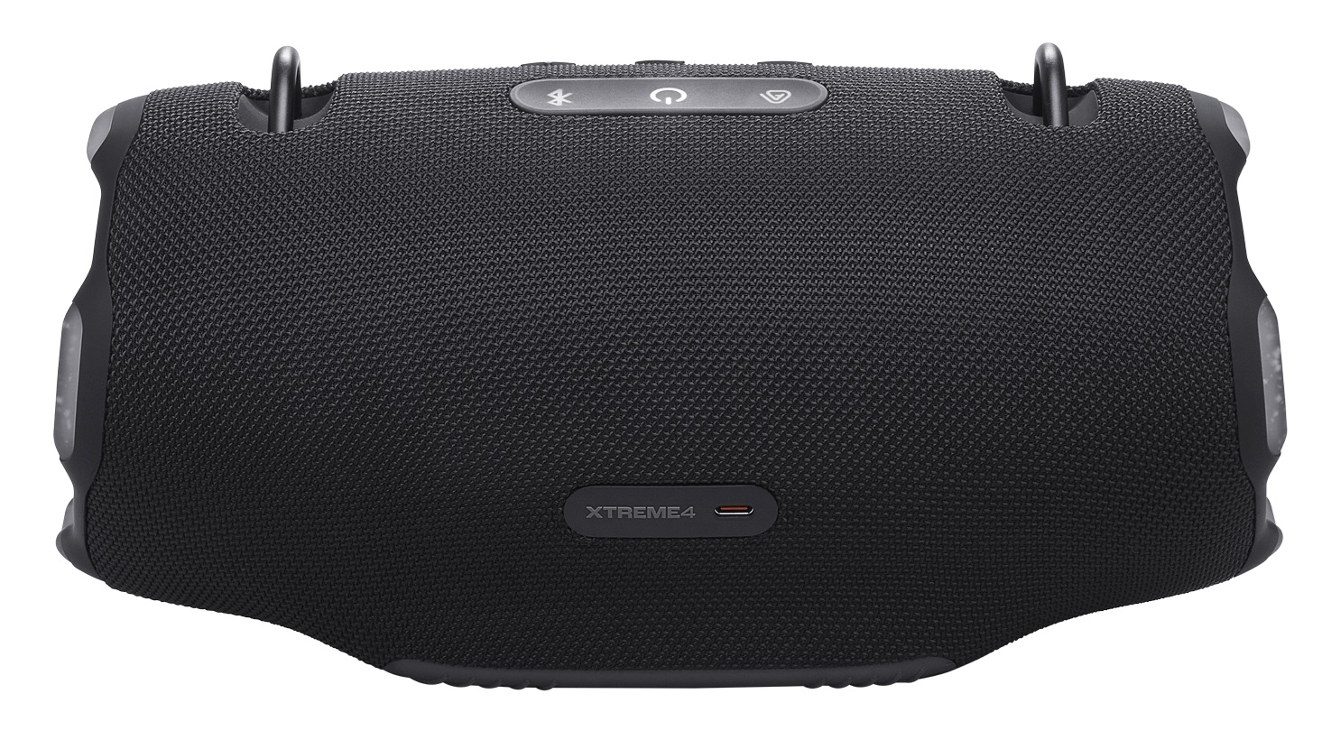 Czarny głośnik przenośny z teksturowaną powierzchnią, przyciskami i uchwytami do przenoszenia. Głośnik ma napis 'XTREME4'.