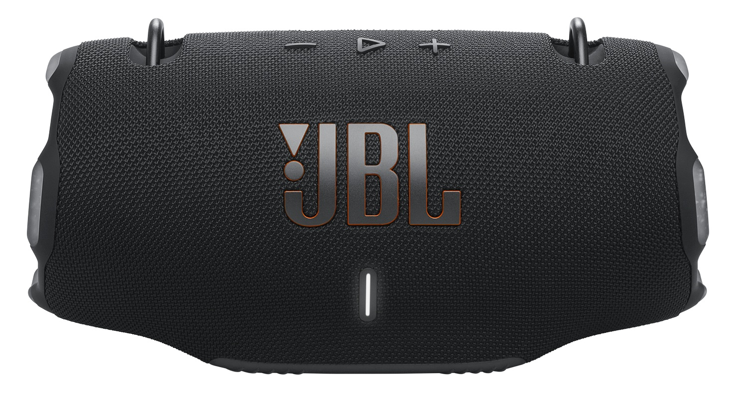 Czarny głośnik JBL z pomarańczowymi akcentami, regulatorami głośności i logo JBL. Ma teksturowaną powierzchnię i uchwyty.