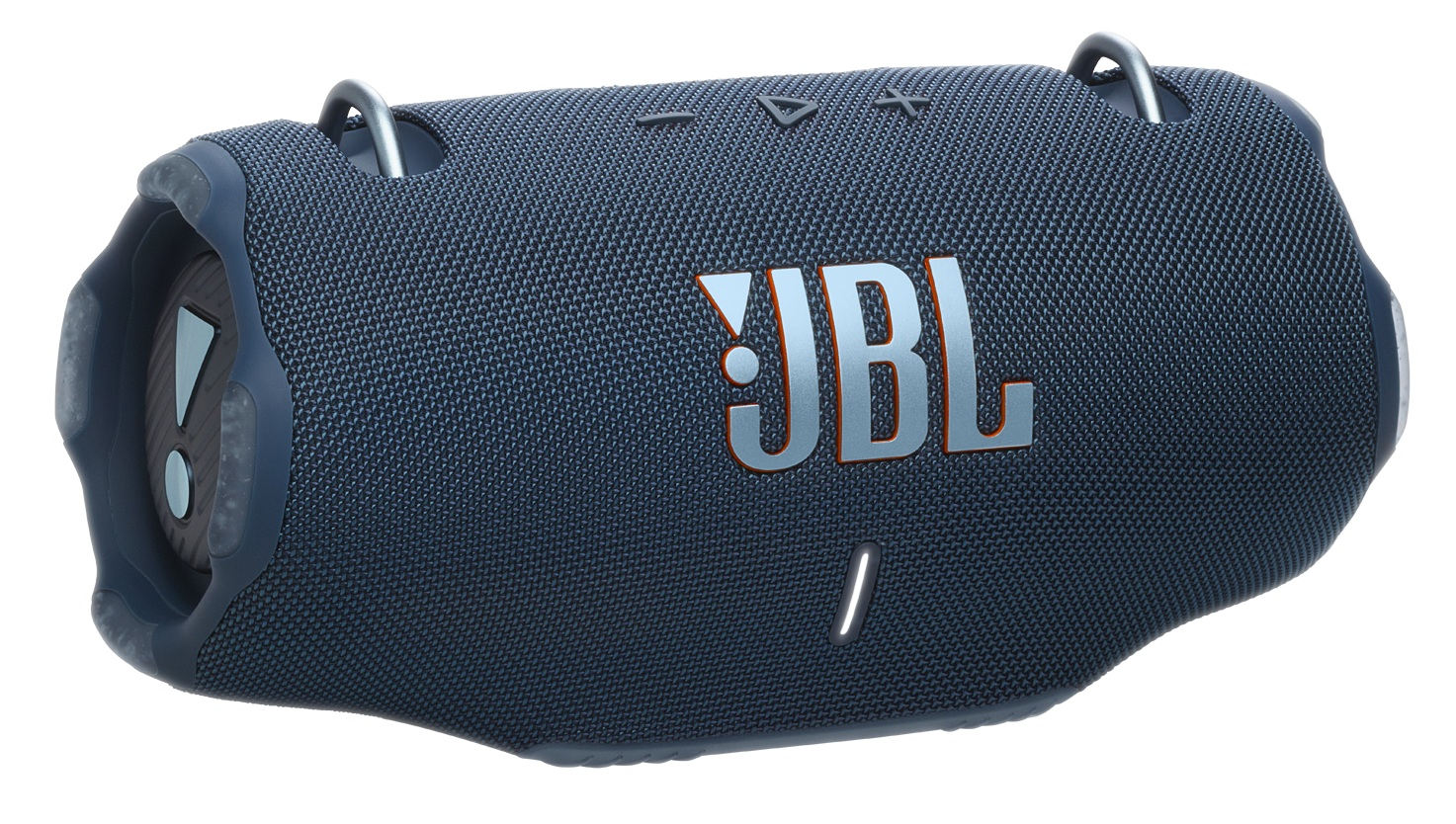 Ciemnoniebieski głośnik JBL z logo, regulacją głośności i uchwytem. Ma siatkową teksturę i biały kontur.
