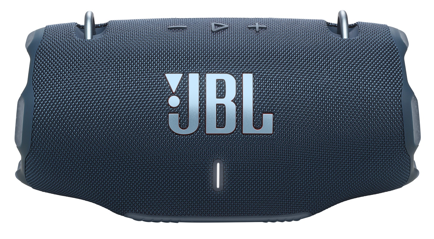 Ciemnoniebieski głośnik JBL z logo na środku. Ma metalowe haczyki i przyciski na górze oraz światło na dole.