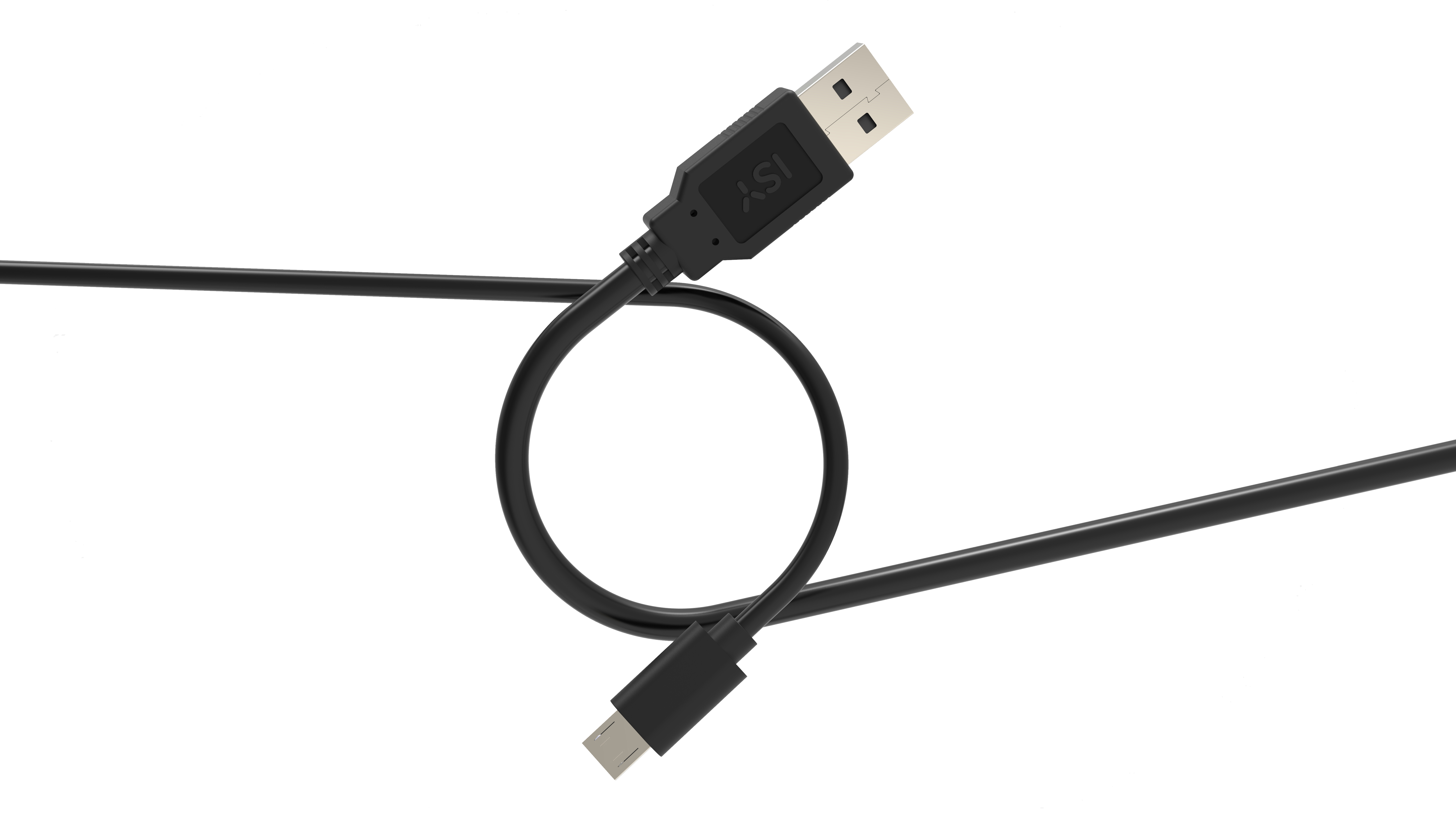 Ein schwarzes USB-Kabel mit einem USB-A- und einem Micro-USB-Anschluss. Das Kabel bildet eine Schleife vor weißem Hintergrund.