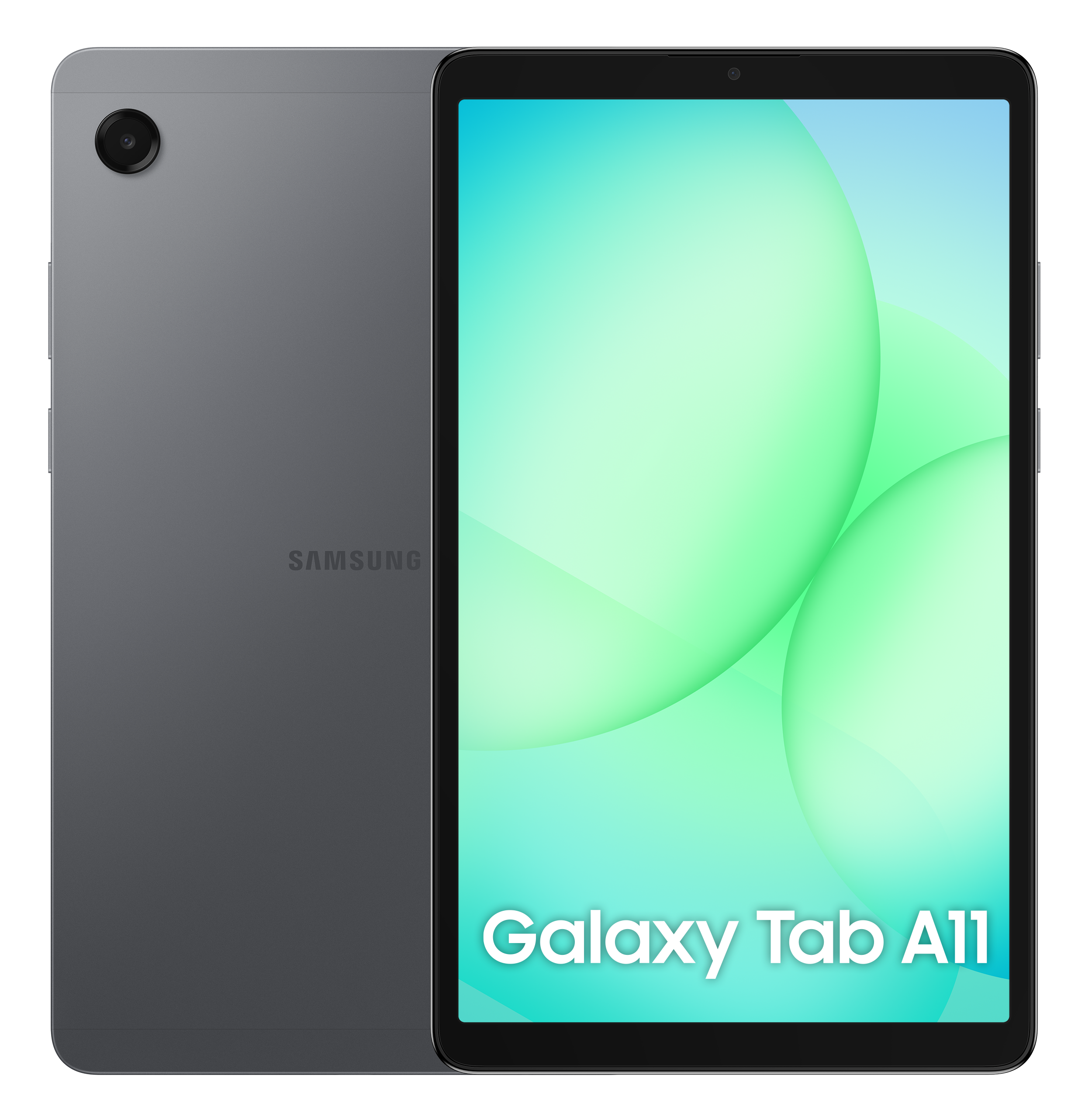 Szary tablet Samsung Galaxy Tab A11. Ekran wyświetla gradient zieleni i błękitu z napisem 'Galaxy Tab A11'.