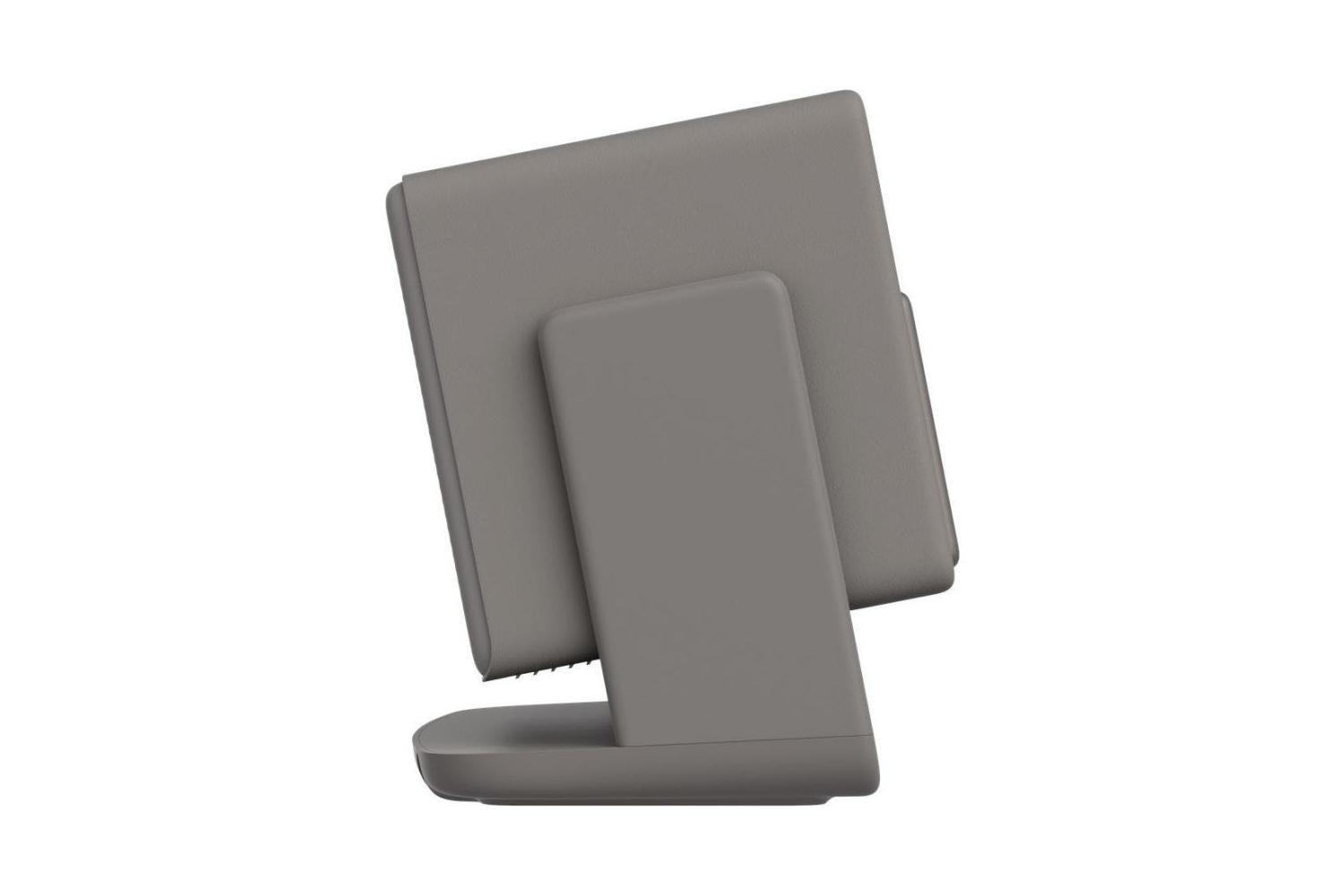 Szürke elektronikus eszköz fehér háttérrel. Egy tablet állványon, oldalról nézve.