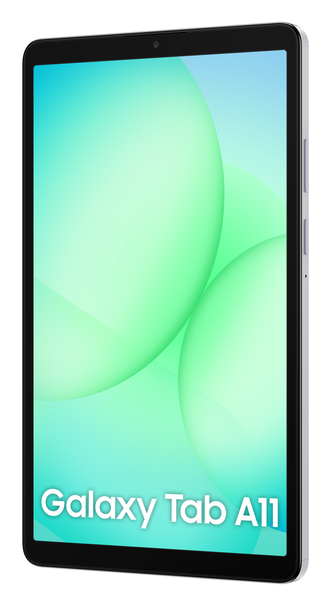 Tablet z czarną ramką i ekranem wyświetlającym gradient niebieskiego i zielonego. Tekst 'Galaxy Tab A11' jest na ekranie.
