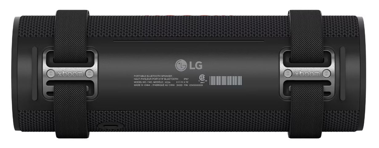 Czarny, przenośny głośnik Bluetooth LG Xboom. Zawiera paski, tekst i logo. Szczegóły na plecach.