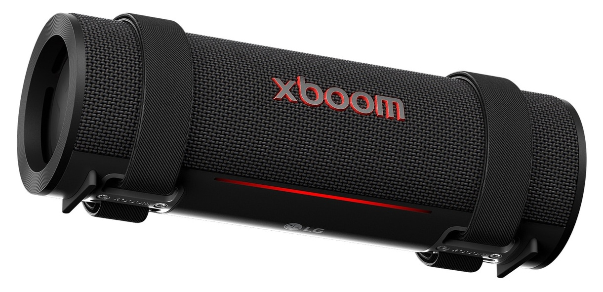 Czarny, cylindryczny głośnik z czerwonym napisem 'xboom' i paskami. Ma czerwone światło i logo LG.