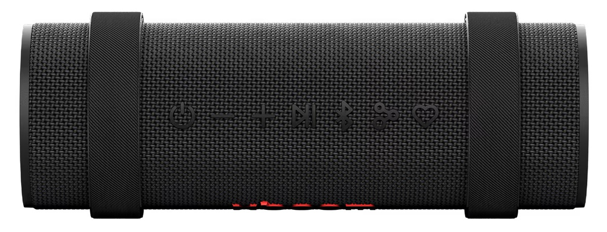 Czarny głośnik cylindryczny z przyciskami sterowania. Paski zabezpieczają głośnik. Czerwone światła widoczne na dole.