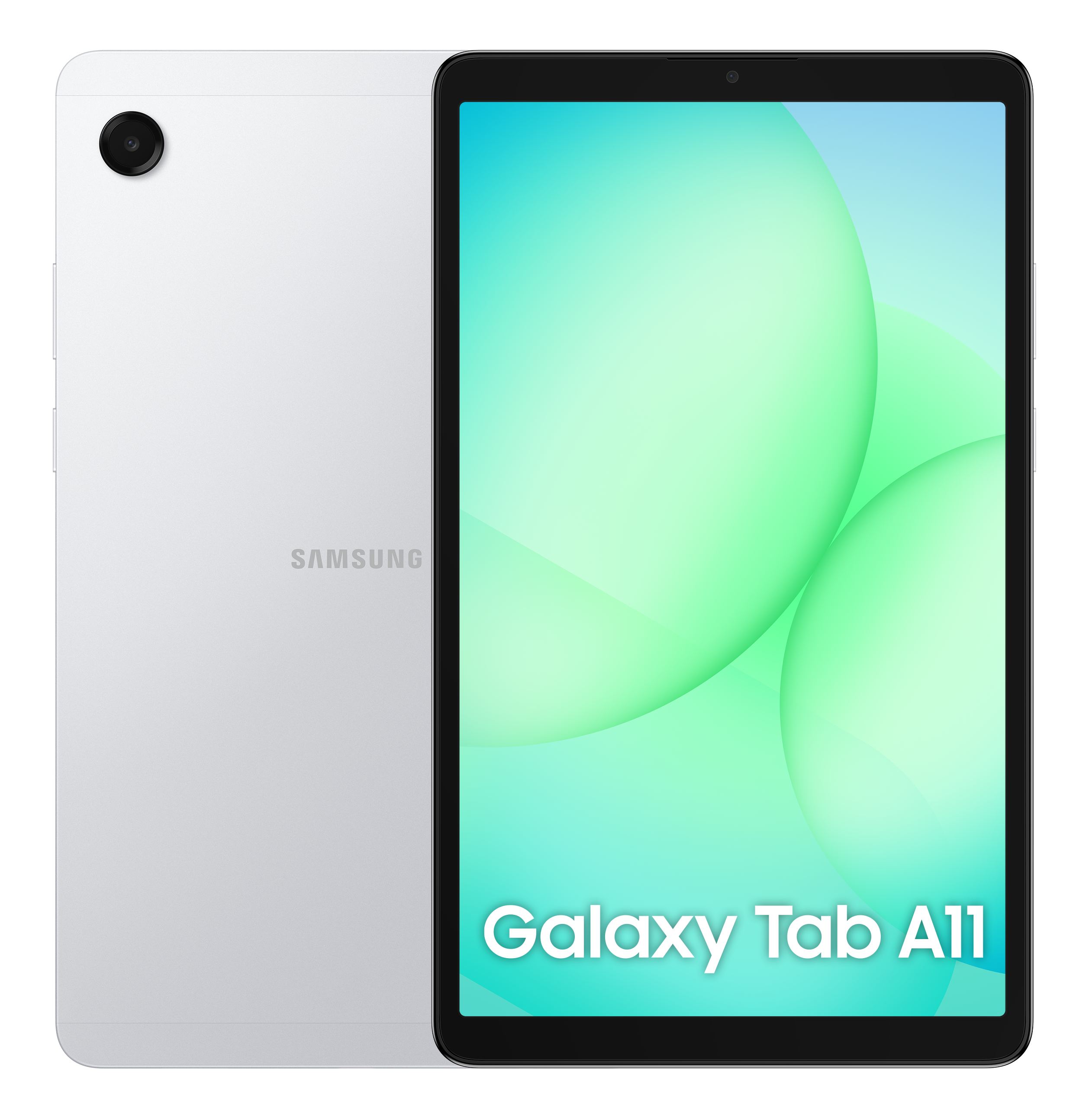 Biały tablet Samsung Galaxy Tab A11. Ekran wyświetla gradient zieleni i błękitu ze słowami Galaxy Tab A11.