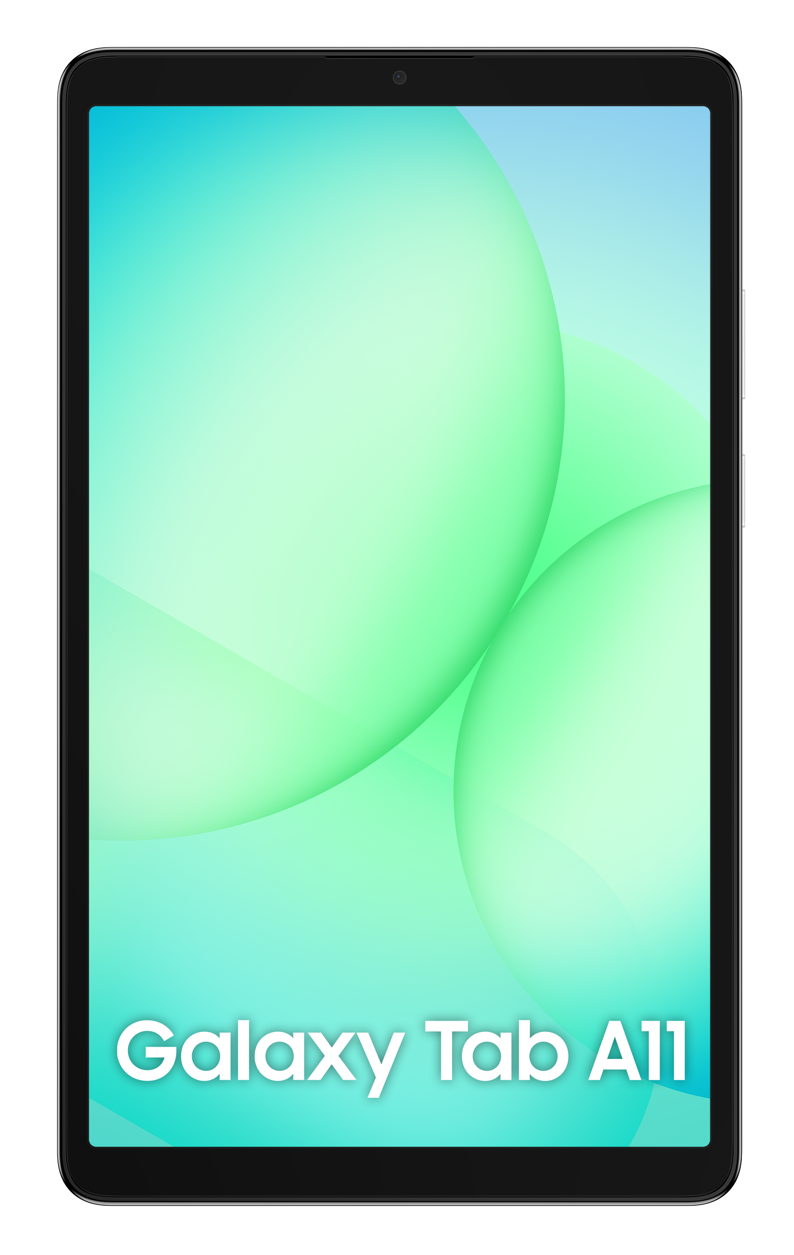 Czarny tablet z zielono-niebieskim gradientem na ekranie. Tekst "Galaxy Tab A11" na dole.