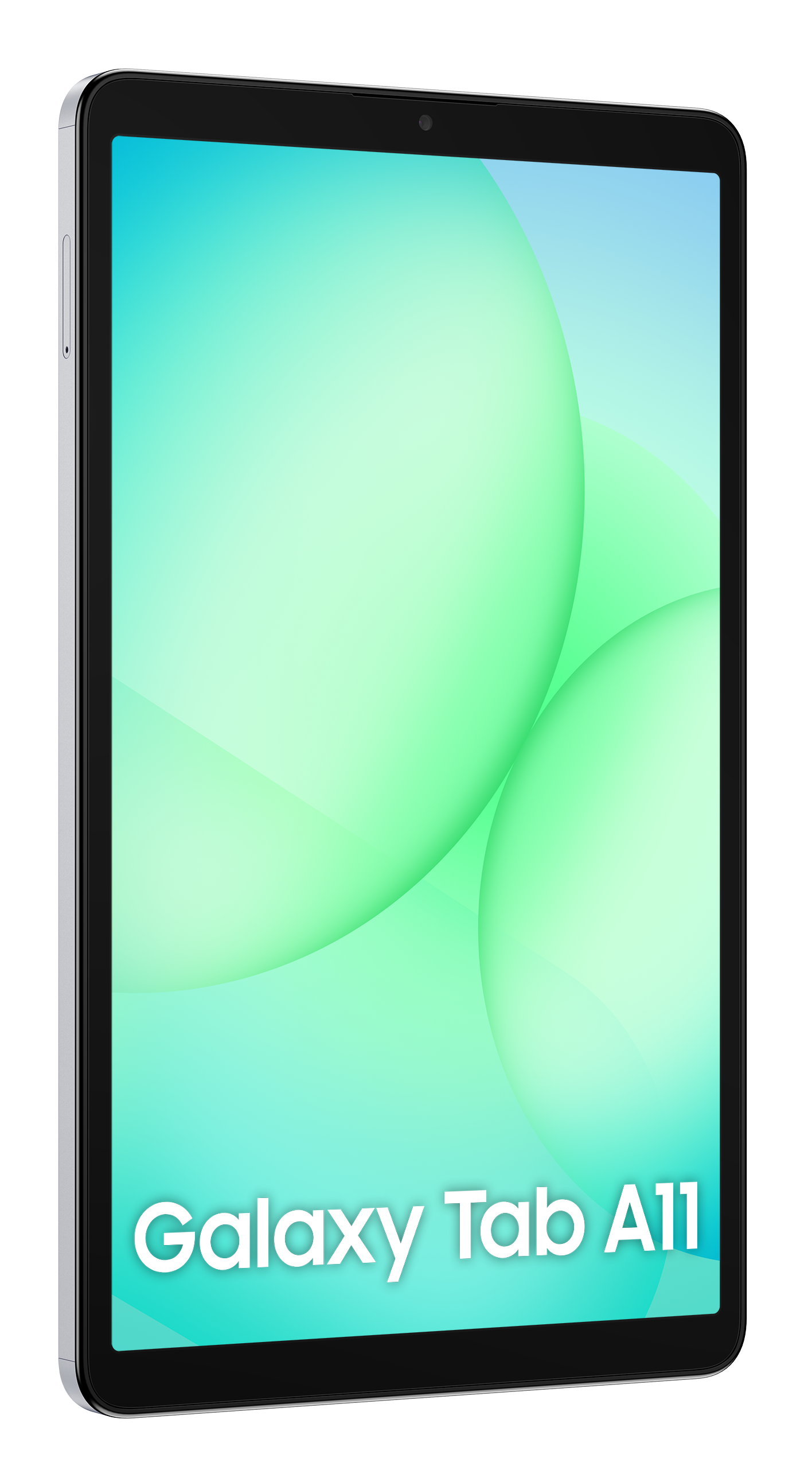 Tablet Samsung Galaxy Tab A11 na czarnym tle. Ekran wyświetla gradient zieleni i błękitu.