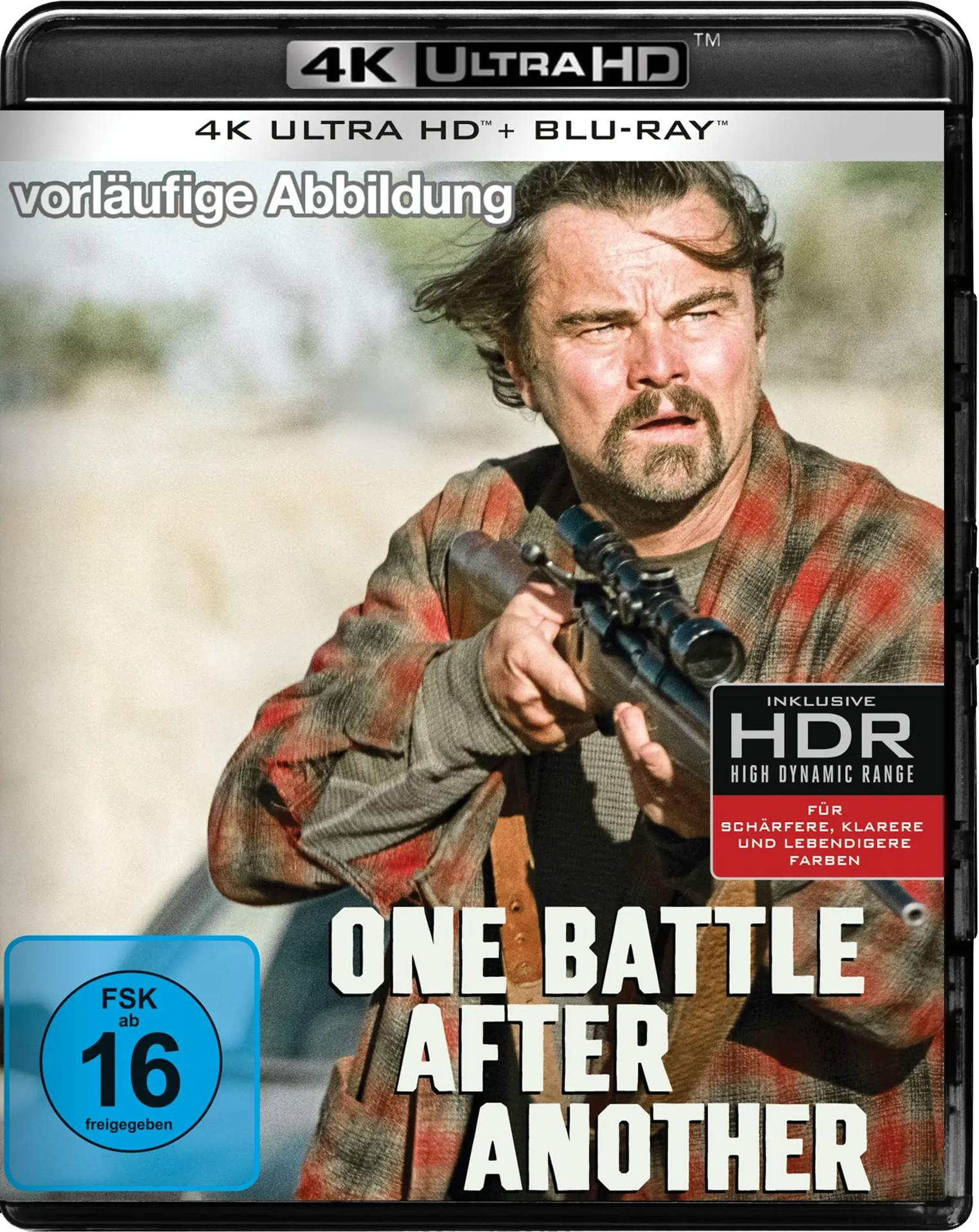 Filmcover: Leonardo DiCaprio mit Gewehr, Titel 'One Battle After Another'. Inklusive HDR, 4K Ultra HD und FSK 16.