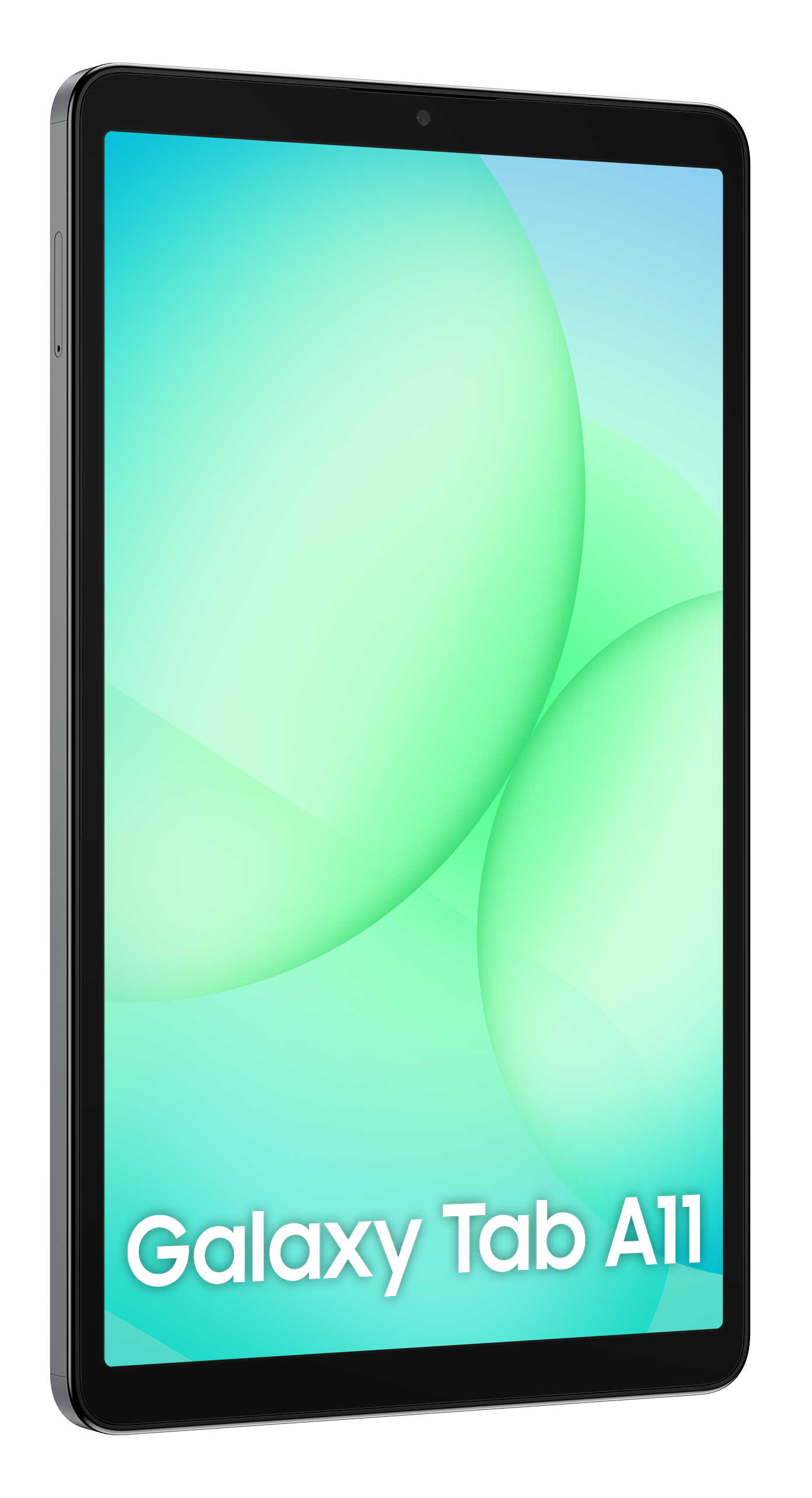 Tablet Samsung Galaxy Tab A11 z gradientowym zielono-niebieskim ekranem na czarnym tle.