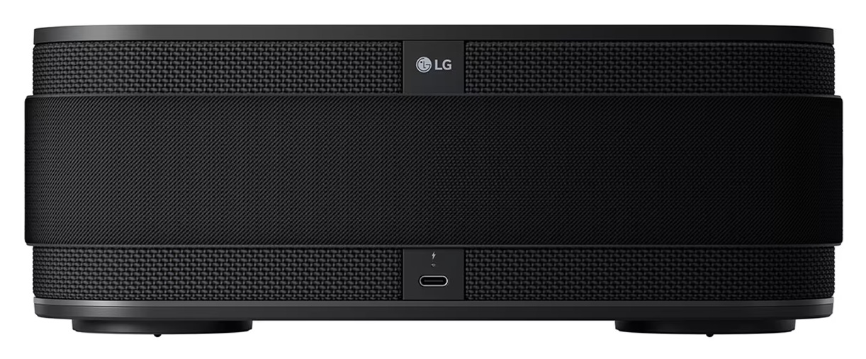 Czarny projektor LG. Ma tkaną fakturę u góry i na dole, z gładkim panelem pośrodku. Widoczny jest port USB-C.