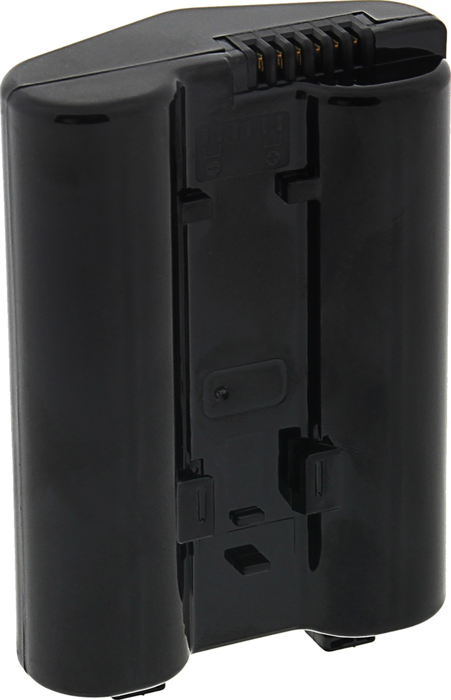 Ein schwarzes, rechteckiges Akkupack. Es hat einen Stecker und verschiedene Schlitze. Die Oberfläche hat ein glänzendes Finish.