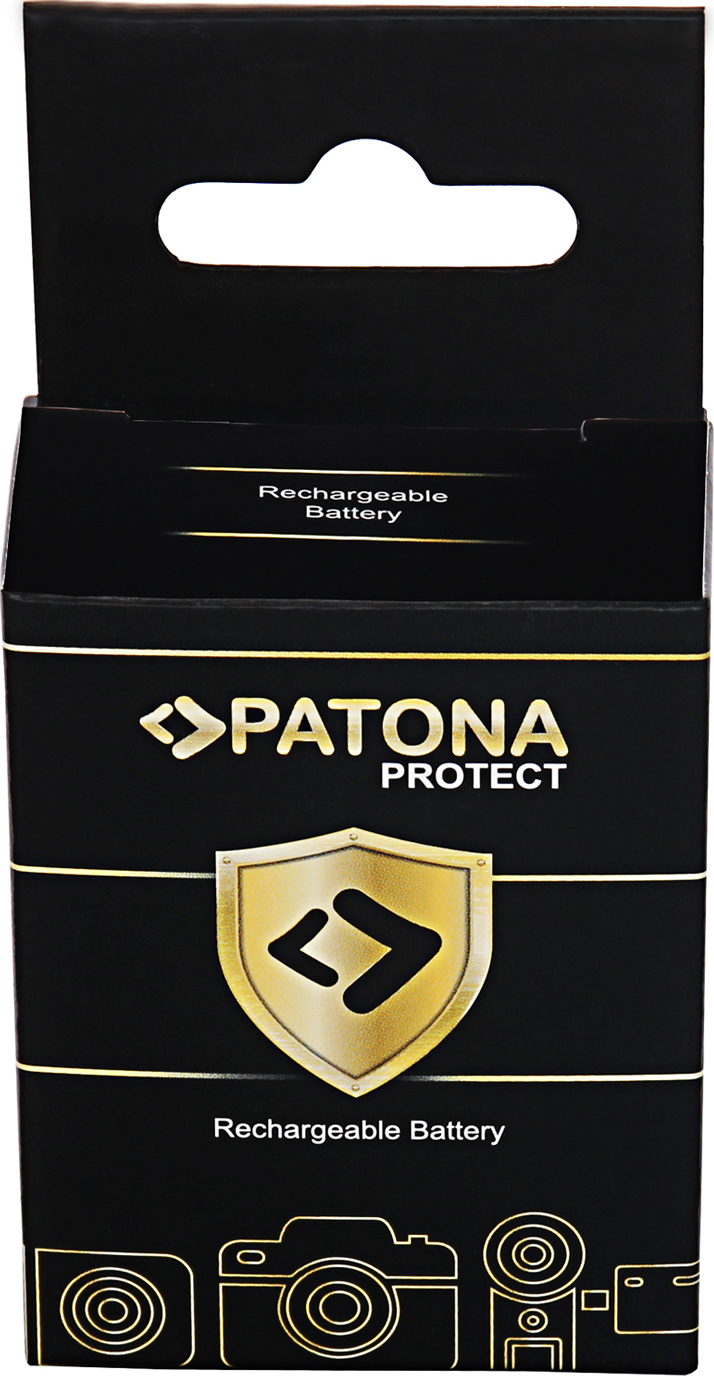 Schwarze Schachtel mit goldenen Akzenten. 'PATONA PROTECT' Logo und ein Schild mit Pfeildesign. Text 'Wiederaufladbare Batterie'.