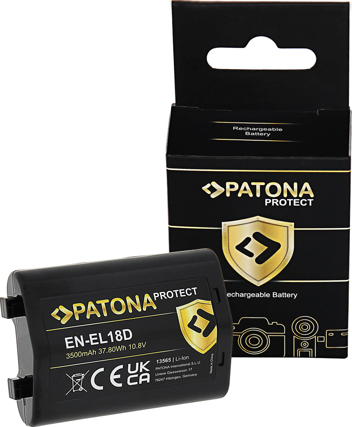 Schwarzer Patona EN-EL18D Akku mit Karton. Der Karton hat Patona Protect Logo und Kamera Illustration.