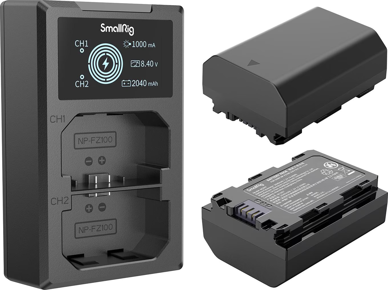 Un chargeur de batterie SmallRig avec deux emplacements, une batterie et un bloc-batterie. Le chargeur affiche la tension et la capacité.