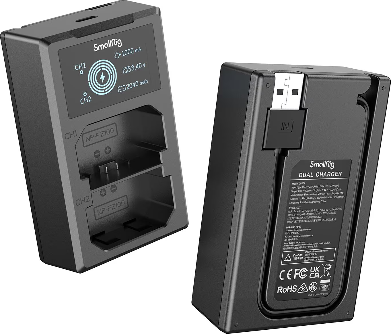 Chargeur double SmallRig noir avec affichage numérique et entrée USB. Affiche la tension et la capacité de la batterie.