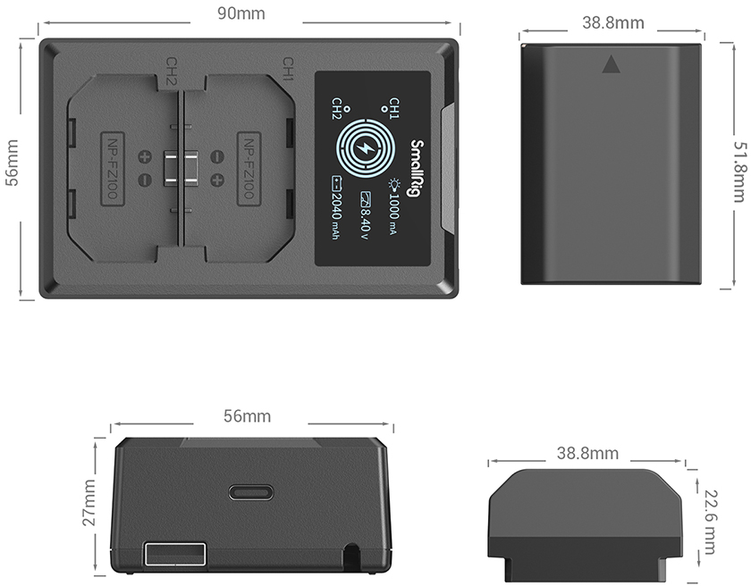 Un chargeur double batterie SmallRig noir et une batterie sont présentés. Les dimensions sont fournies. Le chargeur prend en charge les batteries NP-FZ100.
