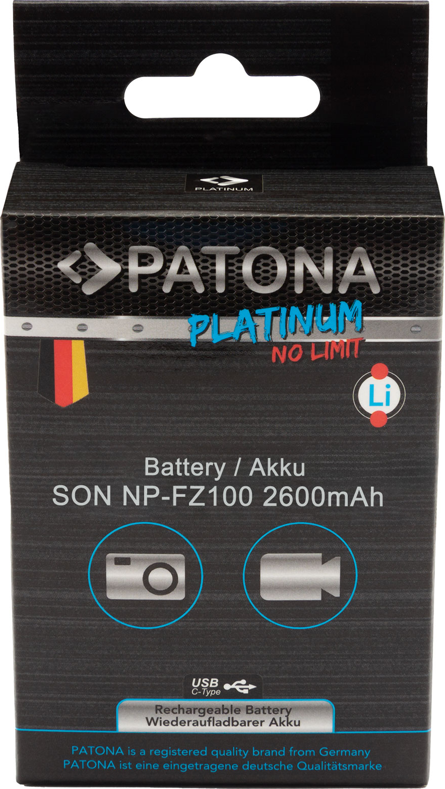 Scatola con batteria del marchio 'PATONA'. Contiene testo, icone di fotocamera e videocamera e i colori della bandiera tedesca.