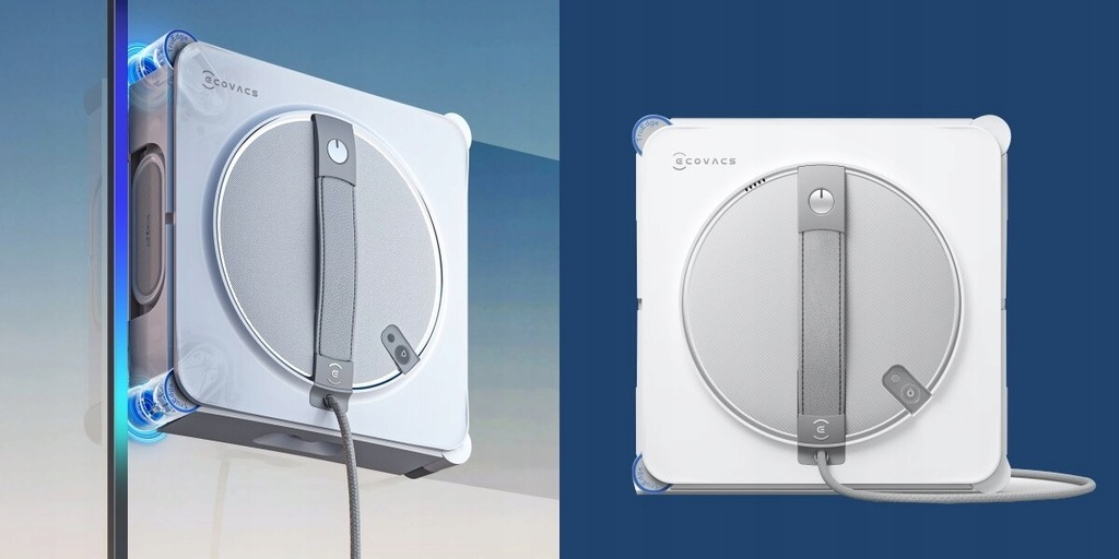 Biały, kwadratowy robot do mycia okien z szarym uchwytem, przymocowany do szklanej szyby. Tło jest rozmyte niebieskie.