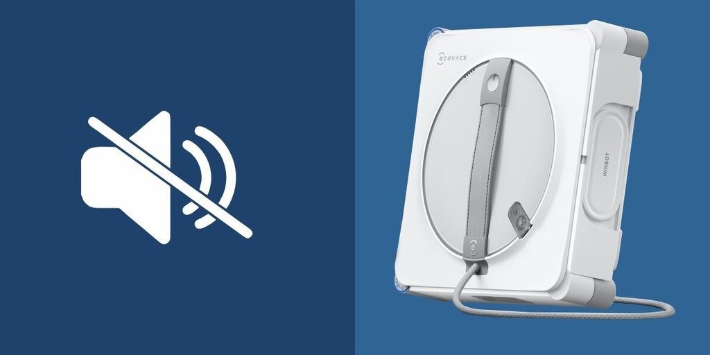 Obraz przedstawia głośnik z przekreśleniem i biały robot do czyszczenia okien na niebieskim tle.