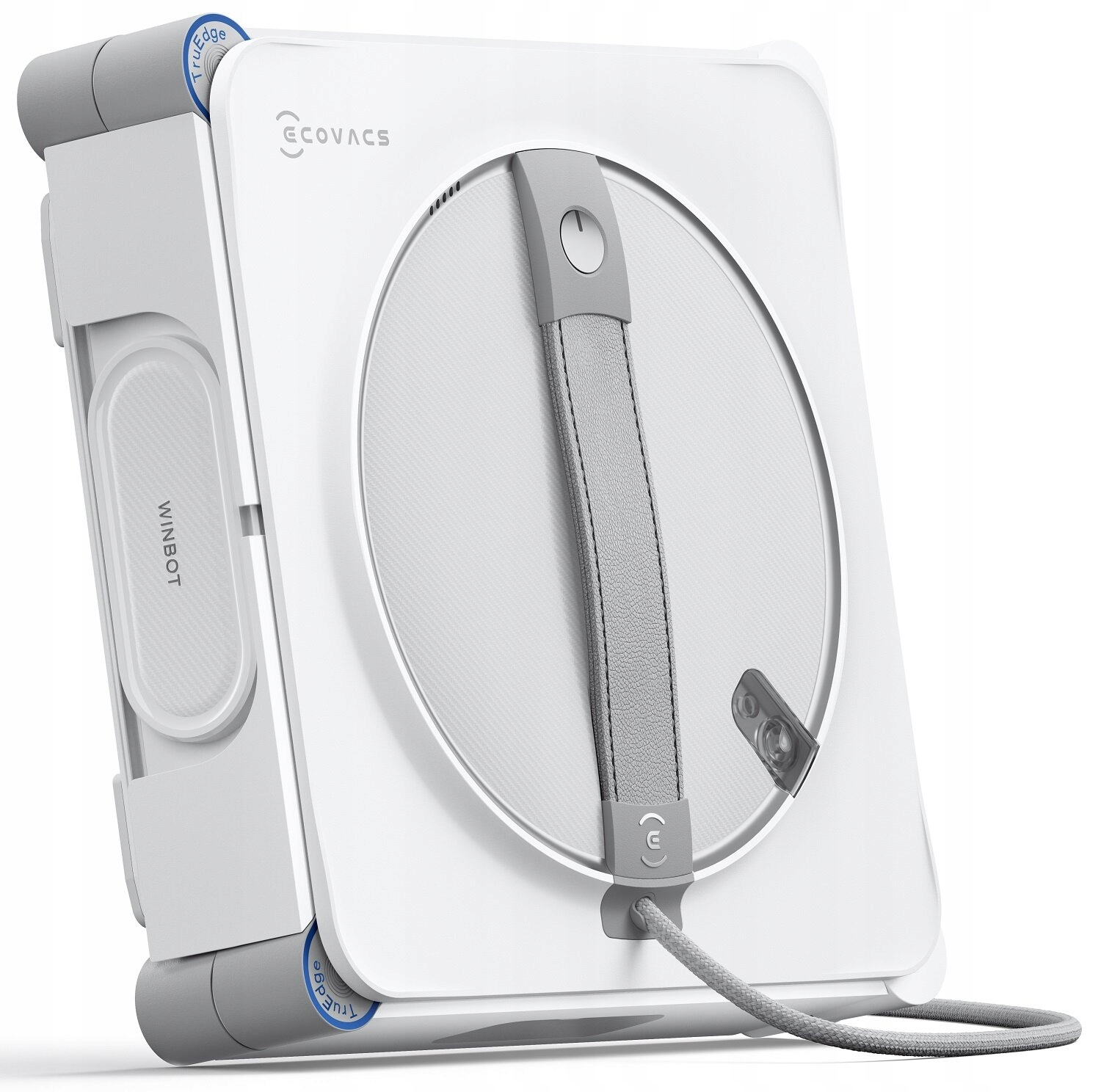 Biało-szara myjka do okien Ecovacs Winbot. Ma uchwyt, okrągłą podkładkę czyszczącą i przewód zasilający. Widoczna jest nazwa marki.