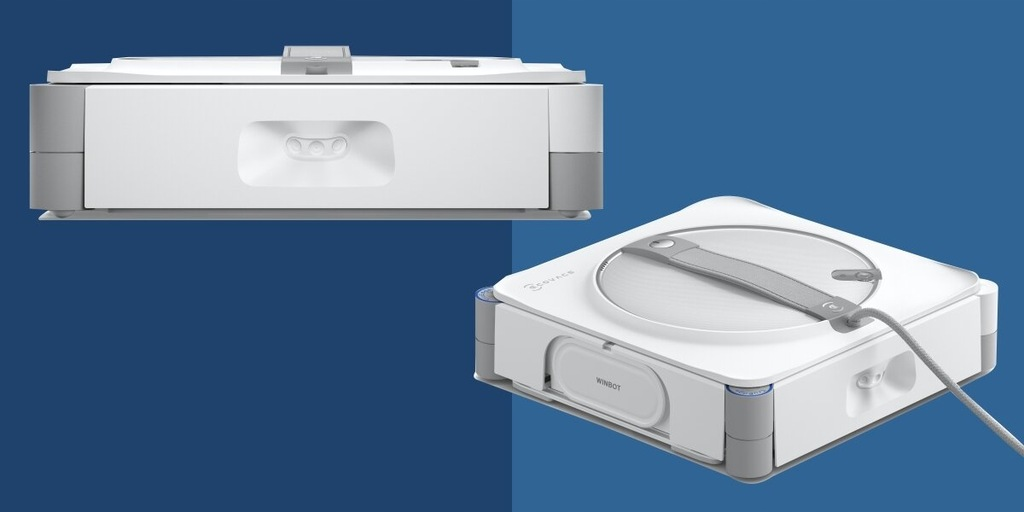 Dwa białe roboty do czyszczenia okien na niebieskim tle. Jeden widziany z góry, drugi pod kątem, z szarym uchwytem.