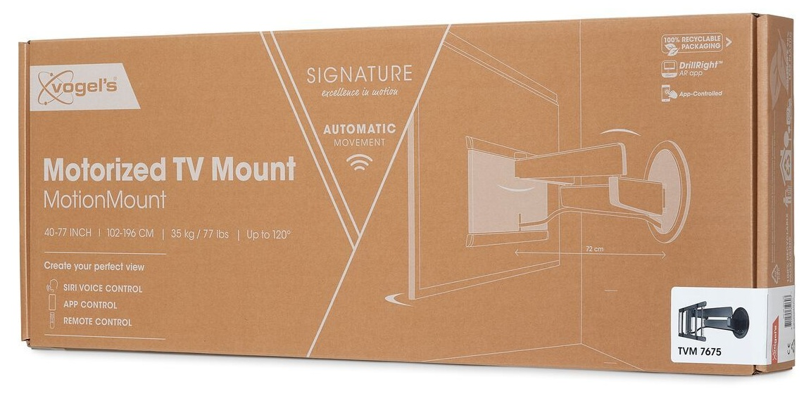 Kartonowe pudełko do uchwytu TV z napędem. Pokazuje cechy produktu, logo Vogel's i schemat uchwytu.