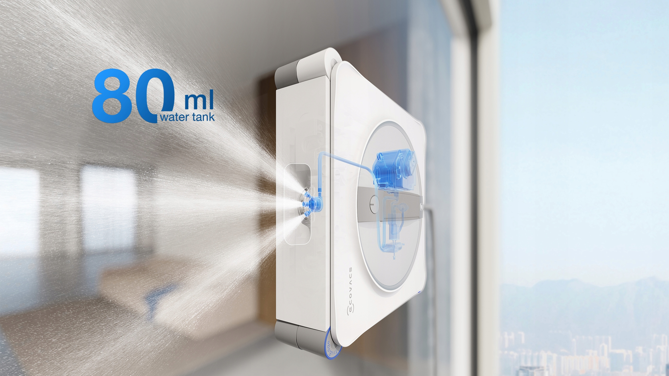 Białe urządzenie do czyszczenia okien spryskuje wodą okno. Tekst mówi 80 ml zbiornik na wodę. W tle góry i miasto.