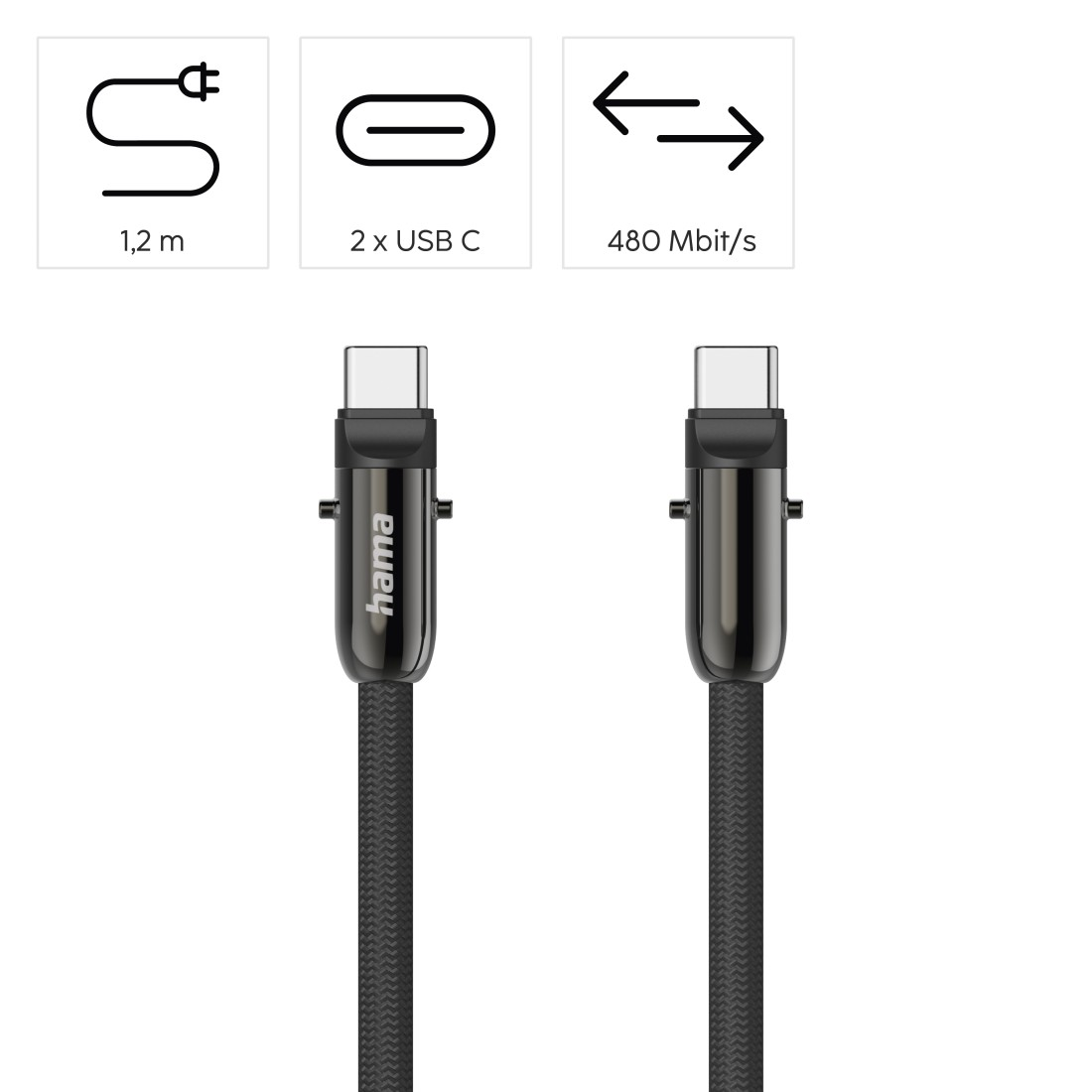 Schwarzes USB-C-Kabel mit geflochtener Schnur, Marke Hama. Symbole zeigen Länge, USB-C-Typ und Datenübertragungsgeschwindigkeit.