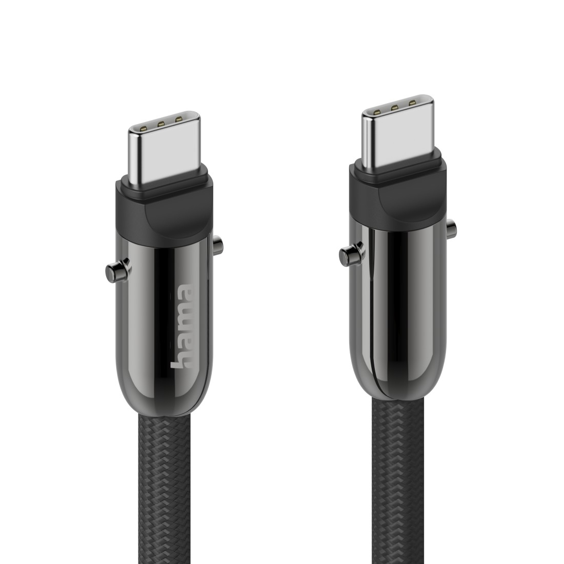 Zwei USB-C-Kabel. Metallische Stecker und schwarze geflochtene Kabel. Der Markenname 'hama' ist auf einem Kabel sichtbar.